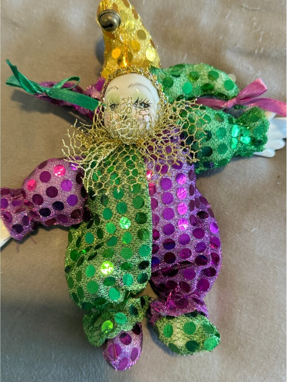 Mardi Gras Jester Doll Purple Green Gold Sequin Porcelain Face Bell Hat New Orle